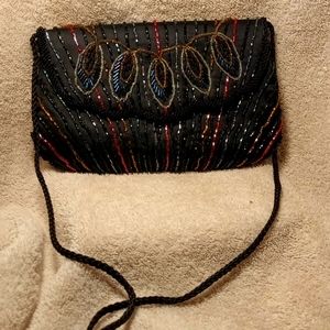 Black Satin Beaded Evening bag with shoulder strap